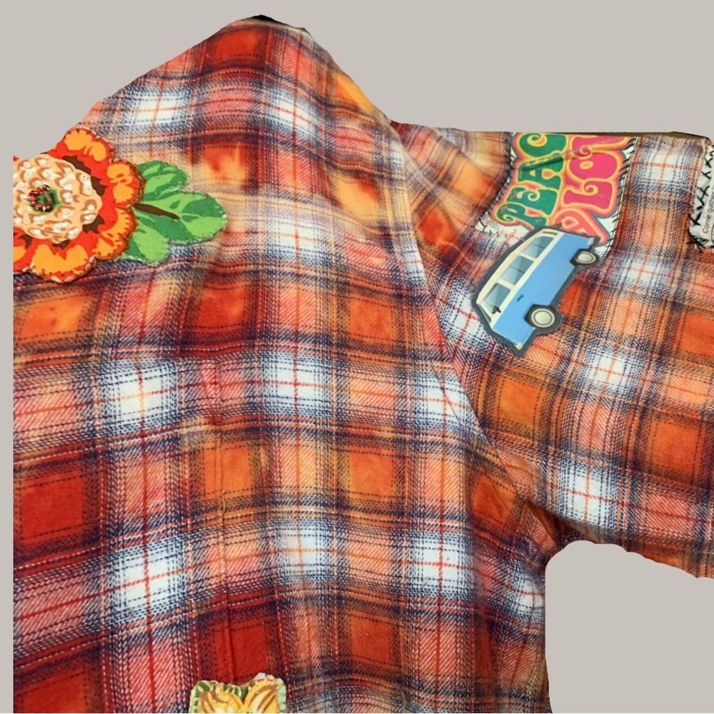 Upcycled Plaid Multicolor Boyfriend Shirt with Detachable Hip Bigfoot with Fur. - Picture 10 of 13
